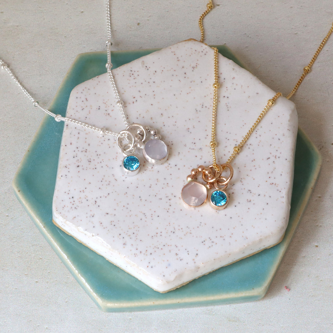 one of a kind charm necklace with blue chalcedony and blue CZ in sterling silver or 14k gold filled