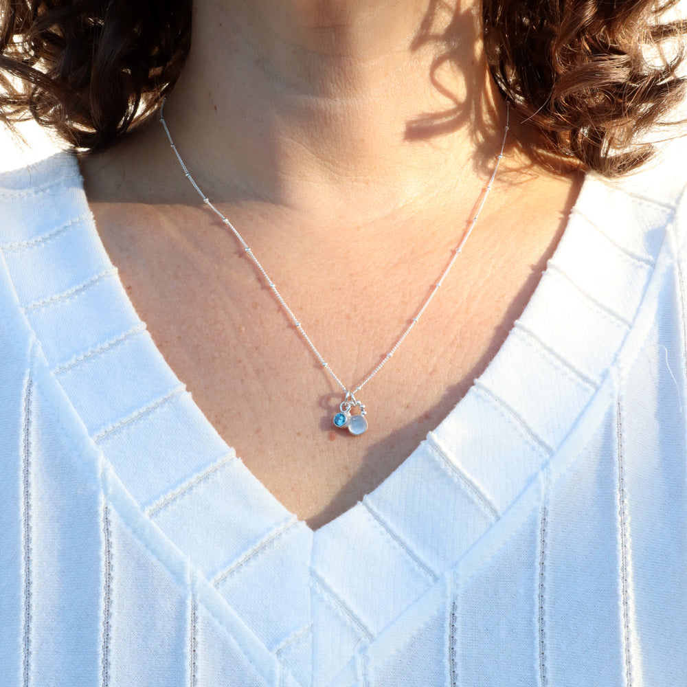 one of a kind charm necklace with blue chalcedony and blue CZ in sterling silver or 14k gold filled
