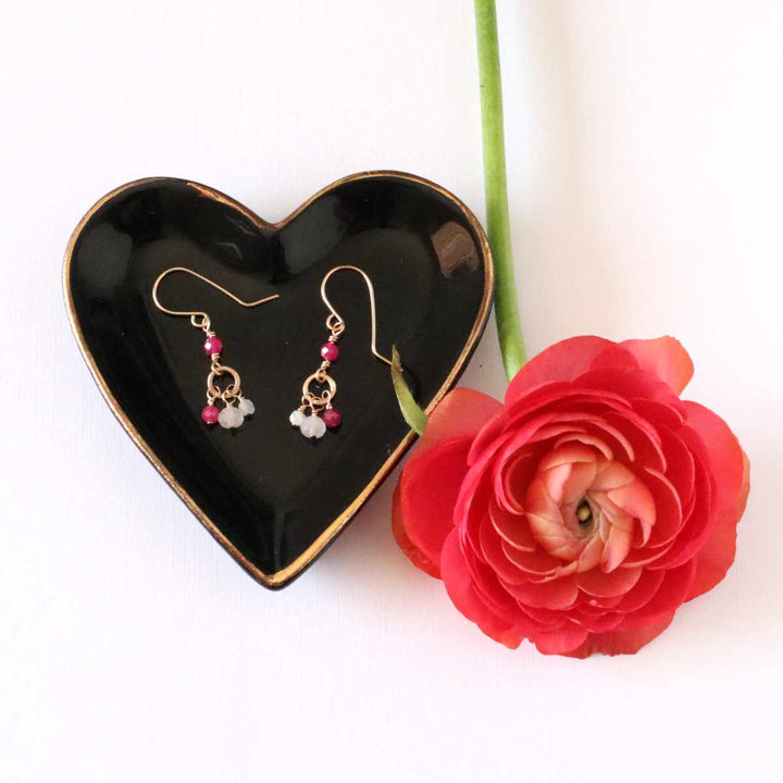 Rose quartz, ruby and white moonstone earrings in sterling silver or 14k gold filled