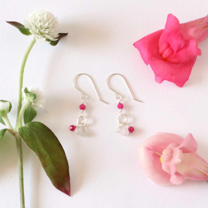 Rose quartz, ruby and white moonstone earrings in sterling silver or 14k gold filled