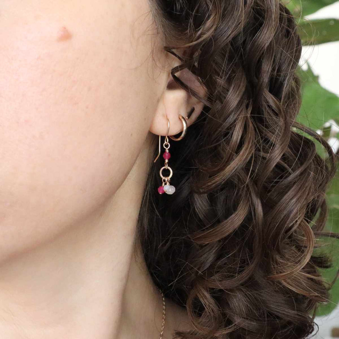 Rose quartz, ruby and white moonstone earrings in sterling silver or 14k gold filled