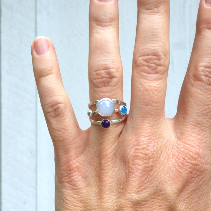 one of a kind sterling silver hammered triple ring band featuring blue chalcedony, blue onyx and amethyst gemstones