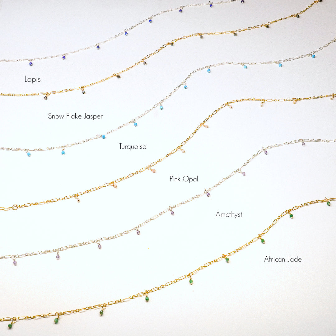twinkle chain necklace and dewdrop choker necklace layered necklace set in turquoise, lapis, amethyst, pink opal, african jade or snow flake jasper and sterling silver or 14k gold filled