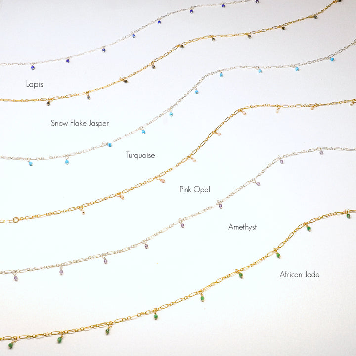 twinkle chain necklace and dewdrop choker necklace layered necklace set in turquoise, lapis, amethyst, pink opal, african jade or snow flake jasper and sterling silver or 14k gold filled