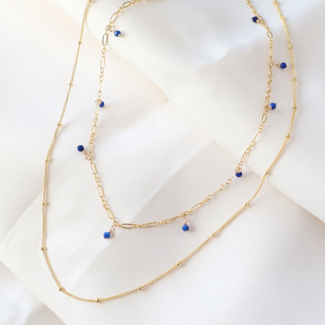 twinkle chain necklace and dewdrop choker necklace layered necklace set in turquoise, lapis, amethyst, pink opal, african jade or snow flake jasper and sterling silver or 14k gold filled