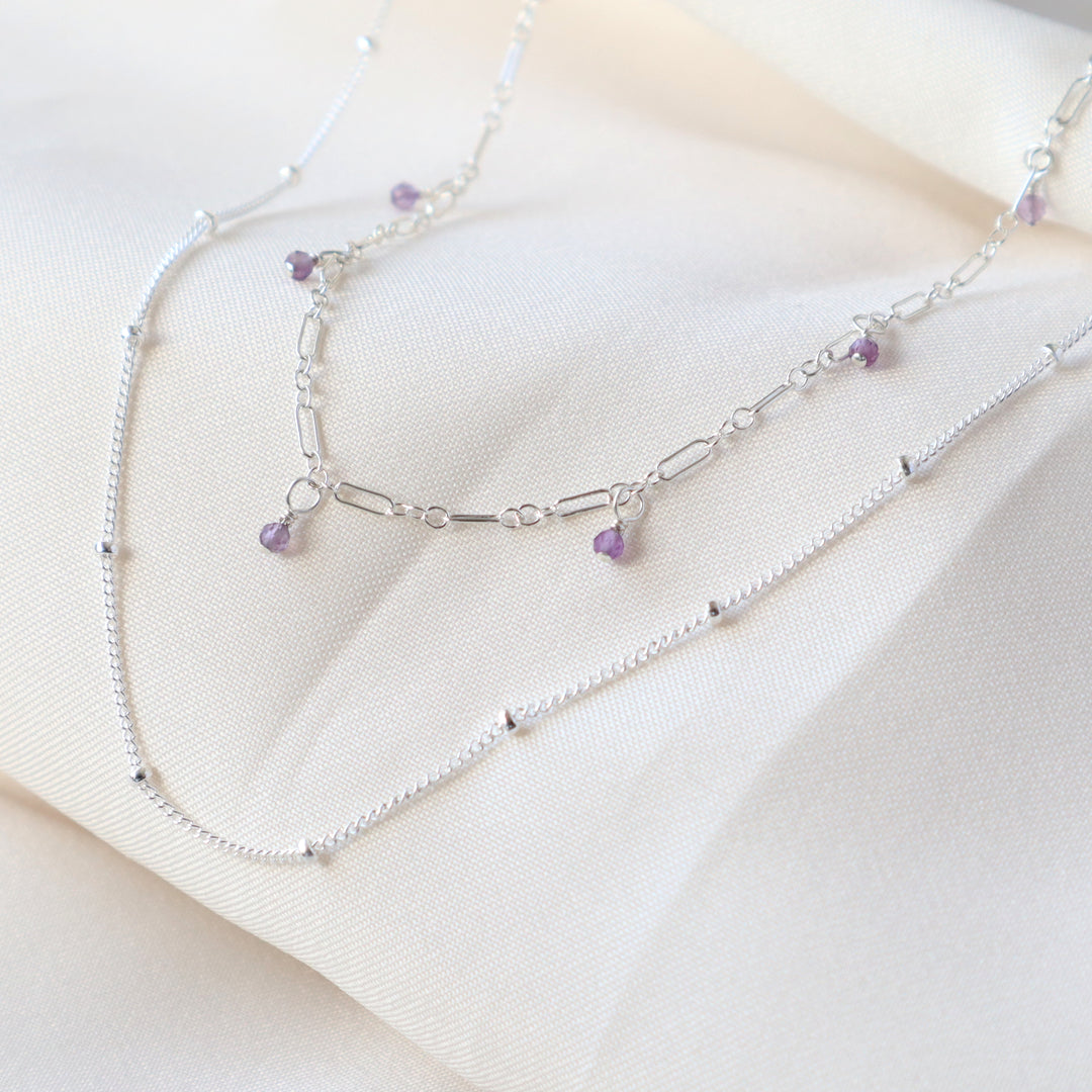 twinkle chain necklace and dewdrop choker necklace layered necklace set in turquoise, lapis, amethyst, pink opal, african jade or snow flake jasper and sterling silver or 14k gold filled