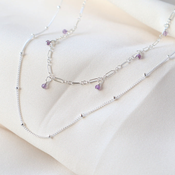 twinkle chain necklace and dewdrop choker necklace layered necklace set in turquoise, lapis, amethyst, pink opal, african jade or snow flake jasper and sterling silver or 14k gold filled