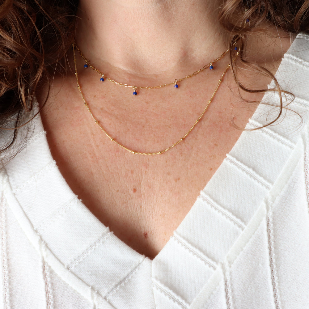 twinkle chain necklace and dewdrop choker necklace layered necklace set in turquoise, lapis, amethyst, pink opal, african jade or snow flake jasper and sterling silver or 14k gold filled