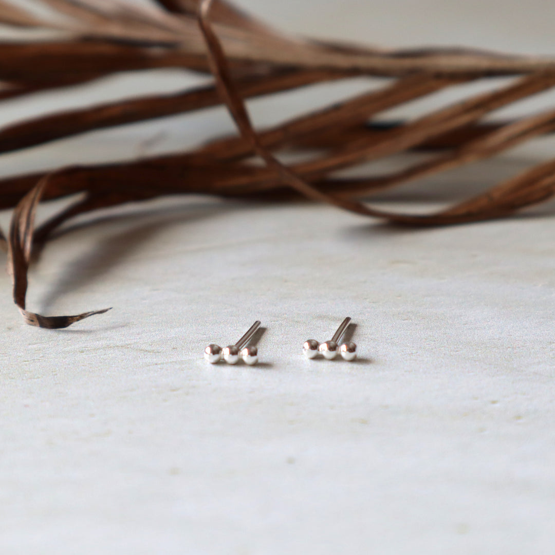 Small silver beaded stud earrings on a light surface with dried leaves in the background