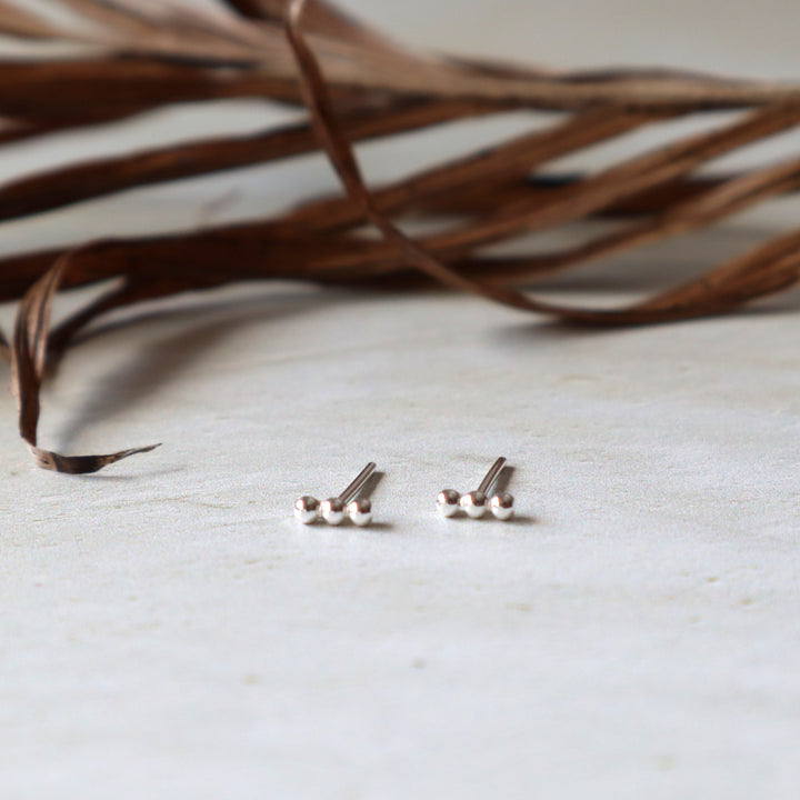 Small silver beaded stud earrings on a light surface with dried leaves in the background