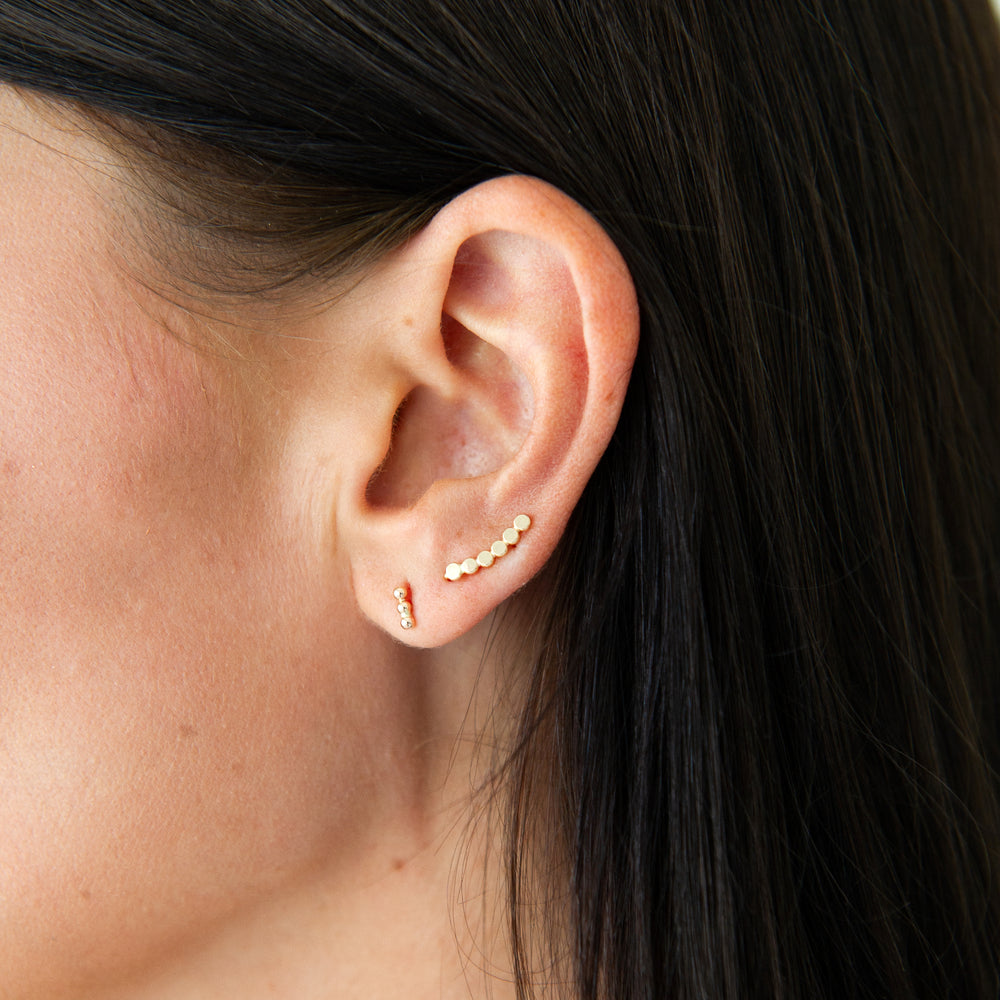 gold filled beaded stud earrings paired with beaded mini climber earrings