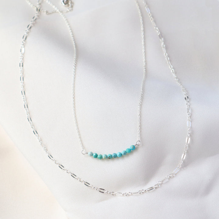 gemstone and glimmer layered necklace set with turquoise, lapis, amethyst, pink opal, african jade or snowflake jasper in sterling silver or 14k gold filled
