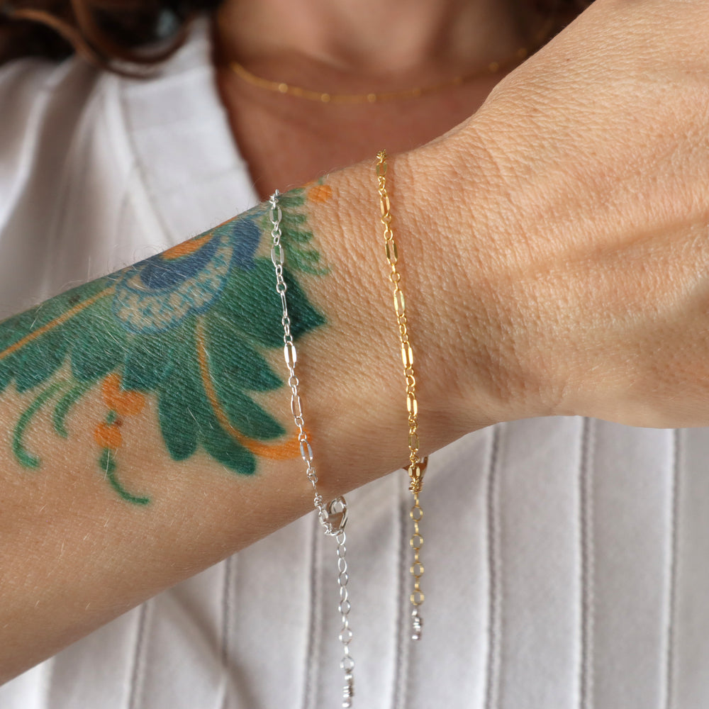 glimmer chain bracelet dainty long short chain in sterling silver or 14k gold filled