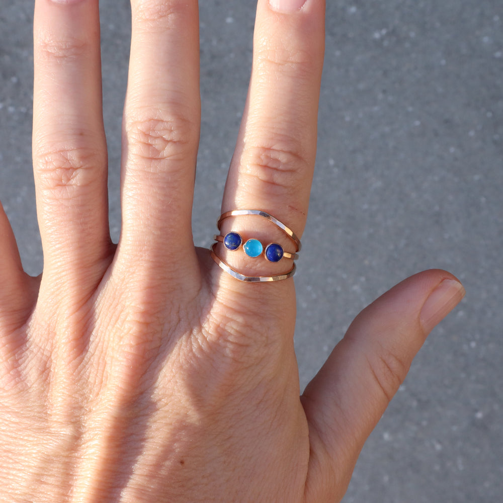 14k gold filled triple hammered band ring with lapis and blue onyx gemstones
