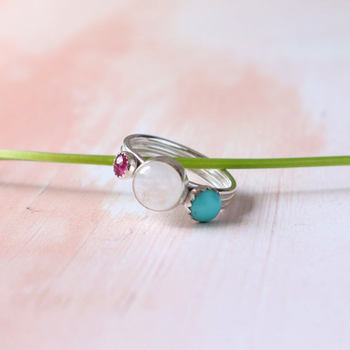 one of a kind blush lagoon sterling silver ring with moonstone turquoise and pink tourmaline gemstones