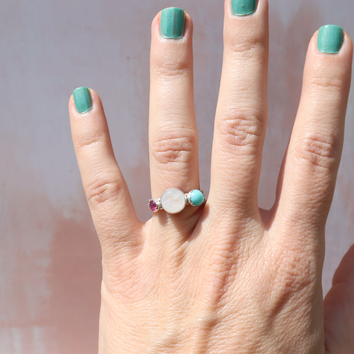 one of a kind blush lagoon sterling silver ring with moonstone turquoise and pink tourmaline gemstones
