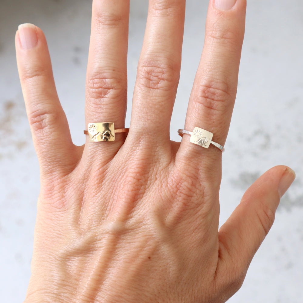 mountain and beach scene rings in sterling silver or 14k gold filled
