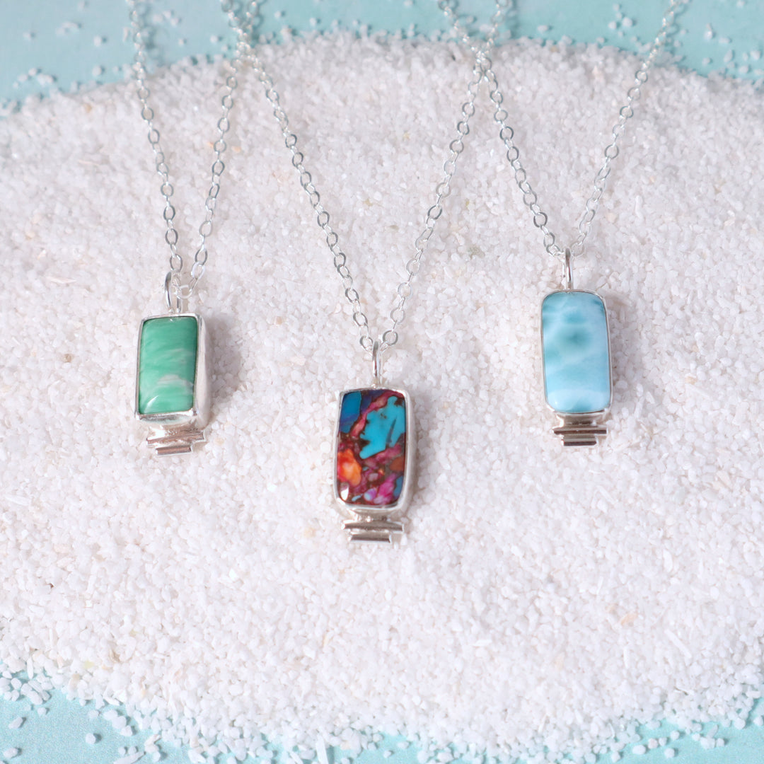 one of a kind spiny oyster turquoise composite larimar and variscite sterling silver pendant necklaces