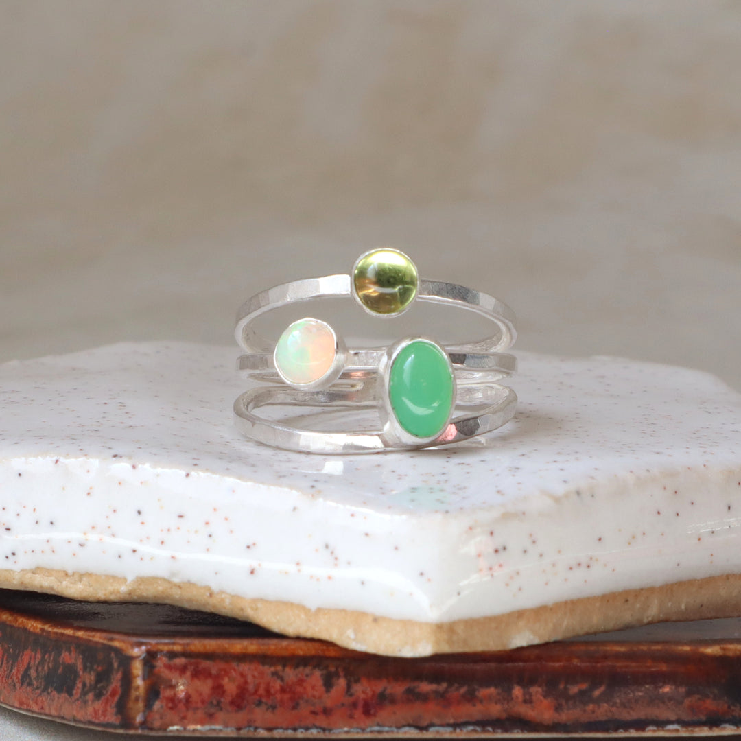 sterling silver one of a kind sterling silver ring with peridot, opal and chrysoprase gemstones on hammered triple band