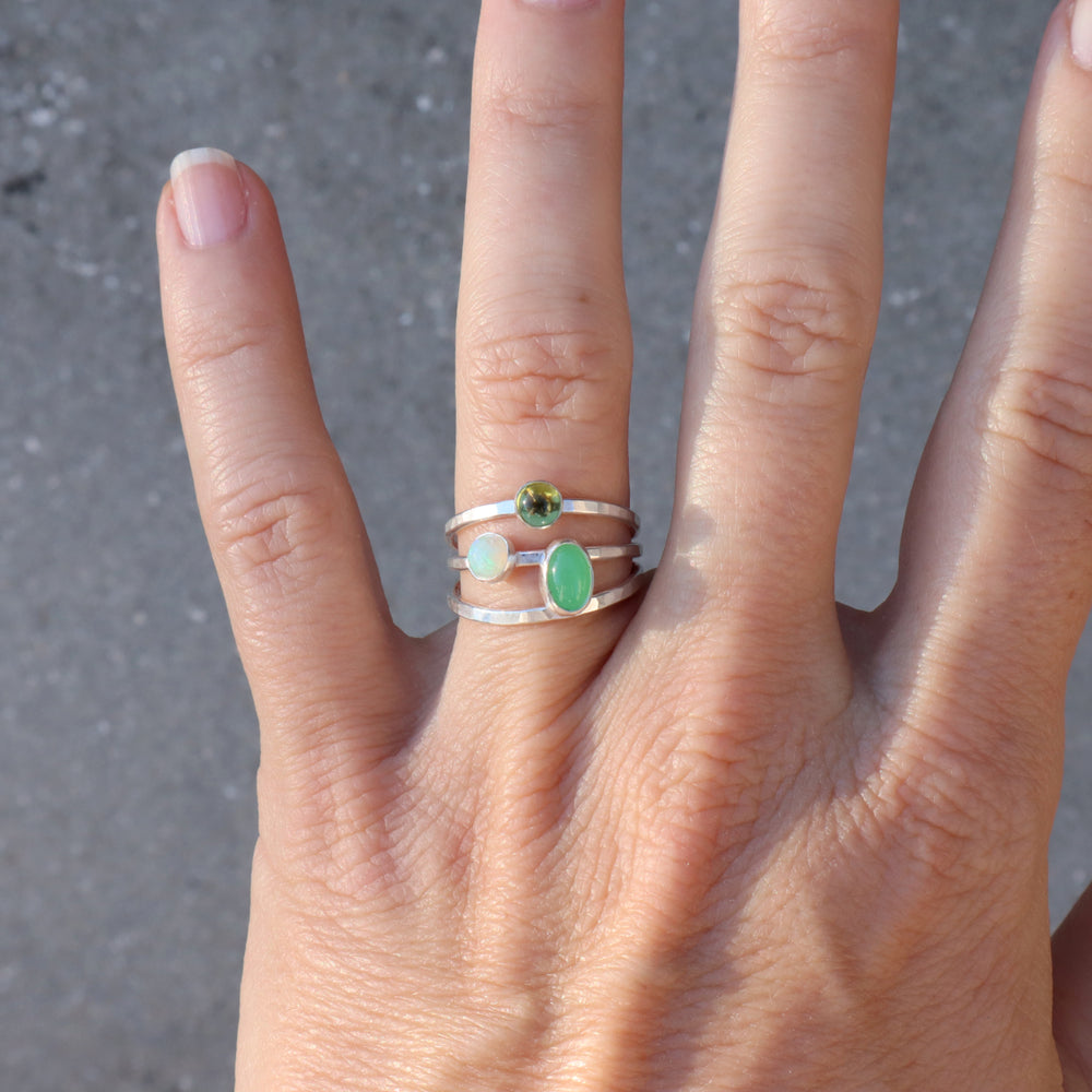 sterling silver one of a kind sterling silver ring with peridot, opal and chrysoprase gemstones on hammered triple band