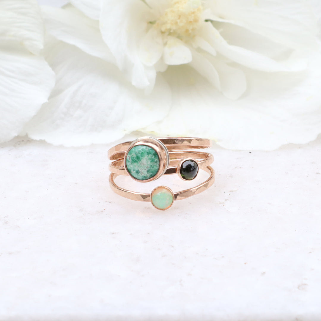 one of a kind 14k gold filled ring featuring royston turquoise, green tourmaline and opal
