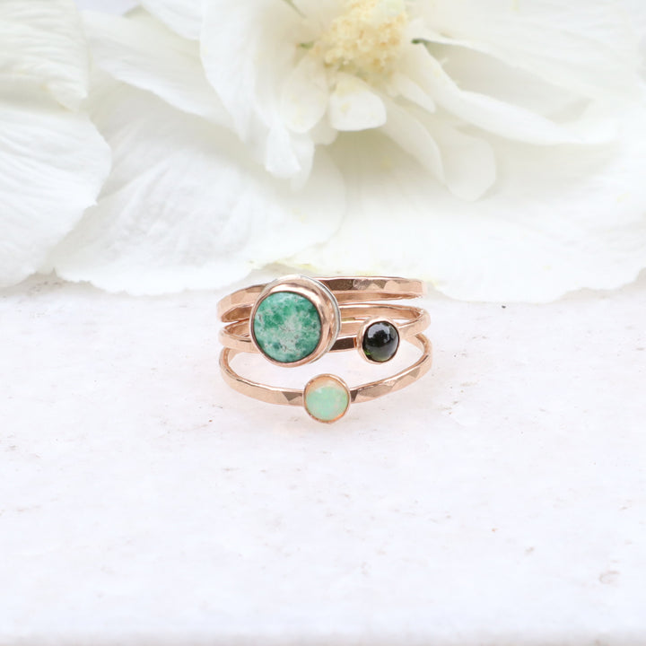 one of a kind 14k gold filled ring featuring royston turquoise, green tourmaline and opal