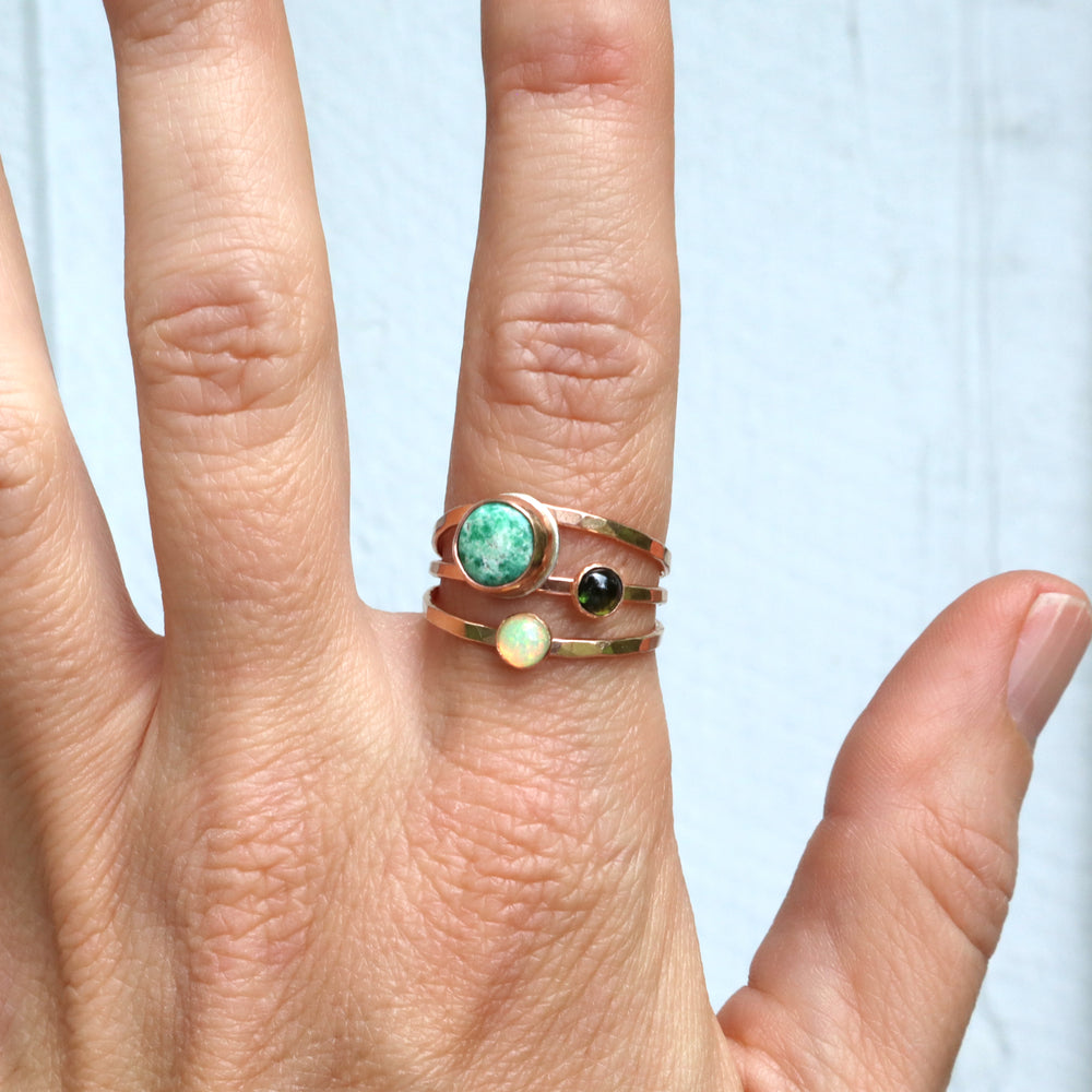 one of a kind 14k gold filled ring featuring royston turquoise, green tourmaline and opal