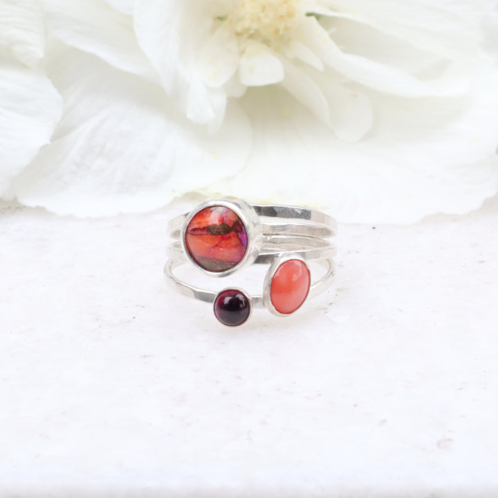 one of a kind sterling silver hammered triple ring band featuring spiny oyster, coral and pink tourmaline gemstones