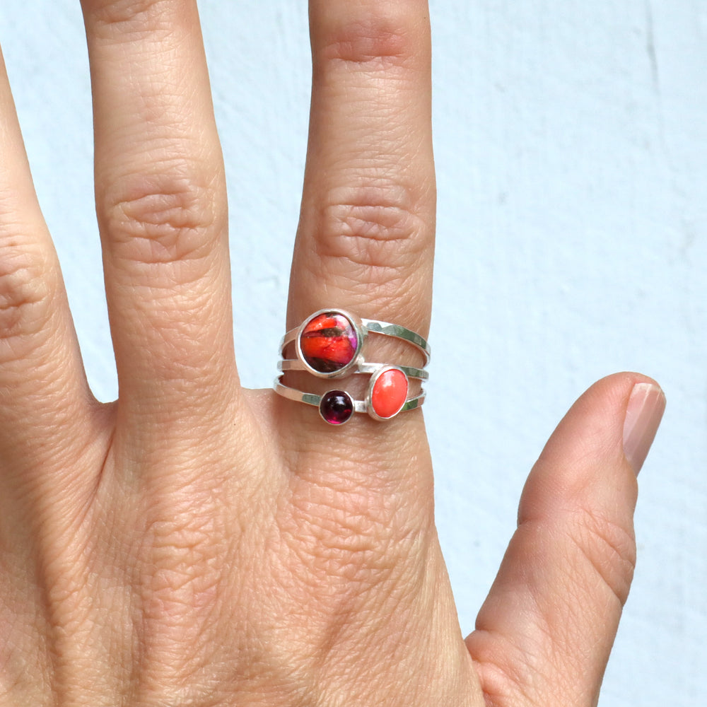 one of a kind sterling silver hammered triple ring band featuring spiny oyster, coral and pink tourmaline gemstones