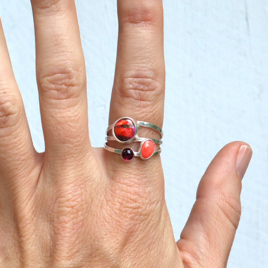 one of a kind sterling silver hammered triple ring band featuring spiny oyster, coral and pink tourmaline gemstones