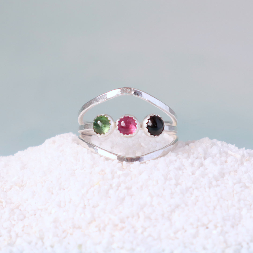 one of a kind pink tourmaline green tourmaline and black star diopside sterling silver ring