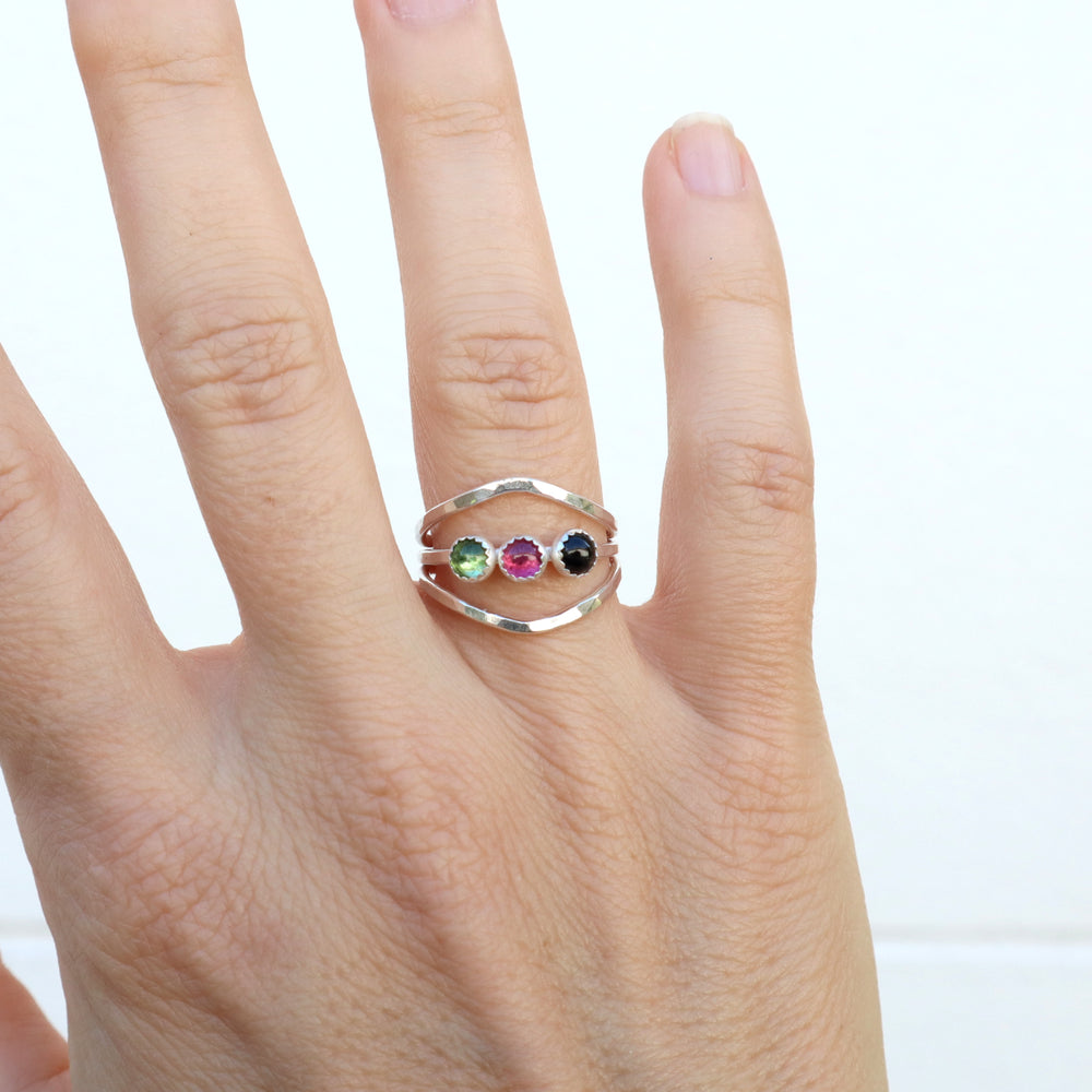 one of a kind pink tourmaline green tourmaline and black star diopside sterling silver ring