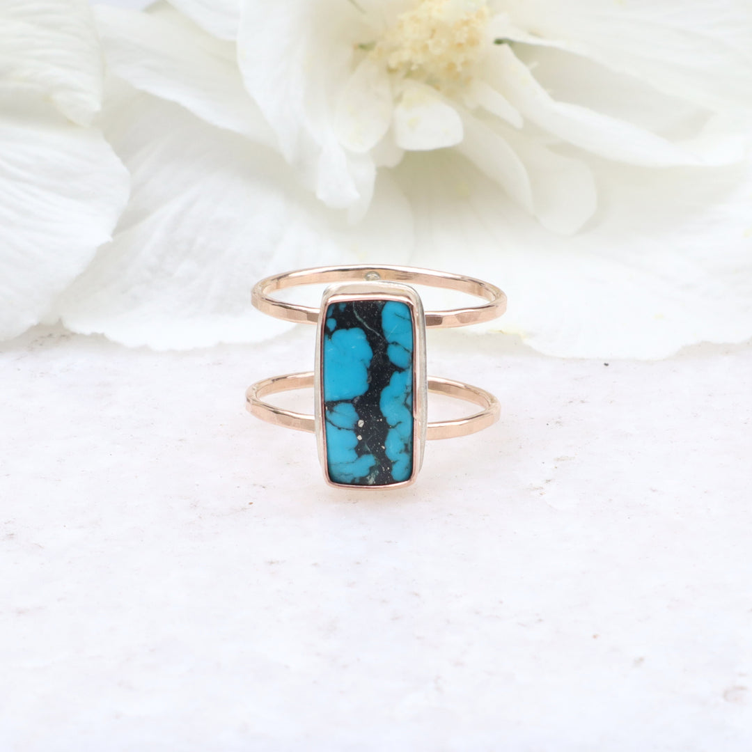 one of a kind 14k gold filled hammered double band ring featuring hubei turquoise gemstone