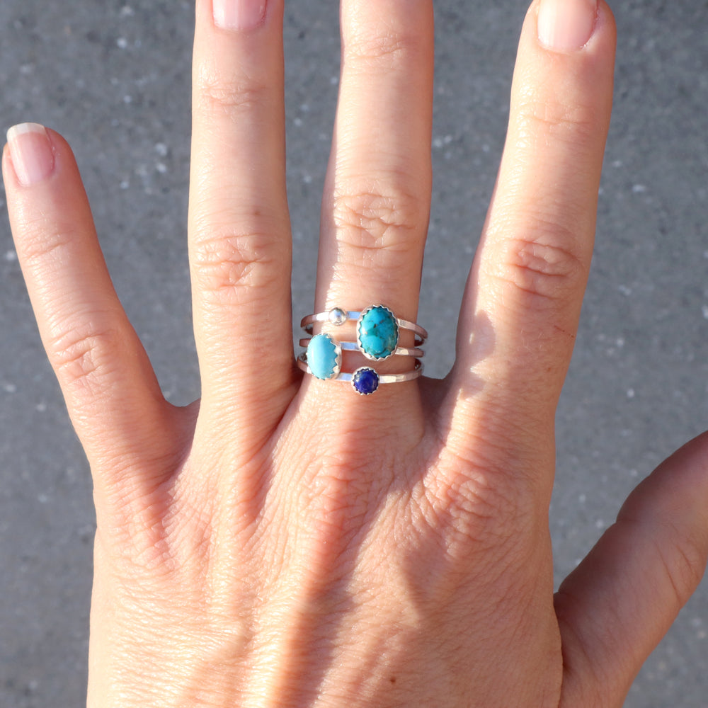 sterling silver one of kind ring with turquoise and lapis on a hammered triple band