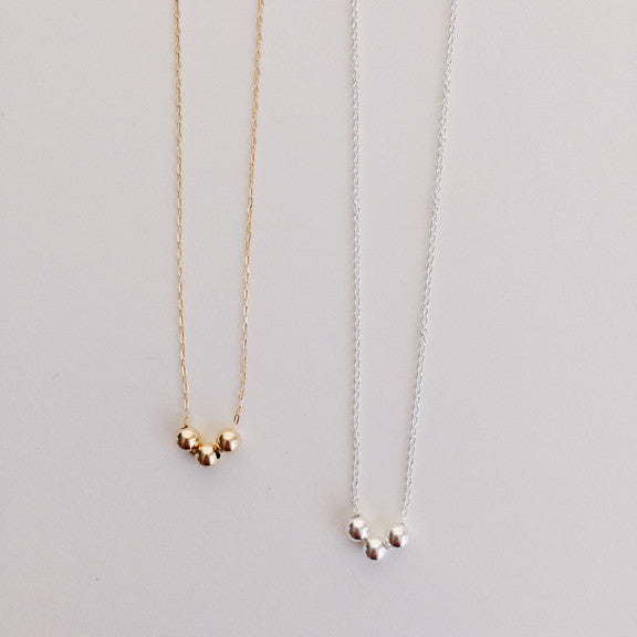 Three tiny beads necklace in sterling silver or 14k gold filled