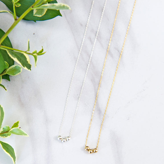 Three tiny beads necklace in sterling silver or 14k gold filled