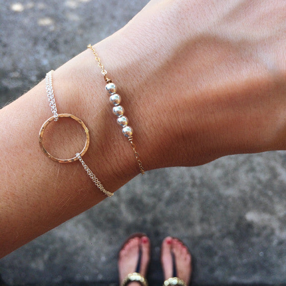 Dainty hammered circle bracelets in mixed metals or sterling silver or 14k gold filled