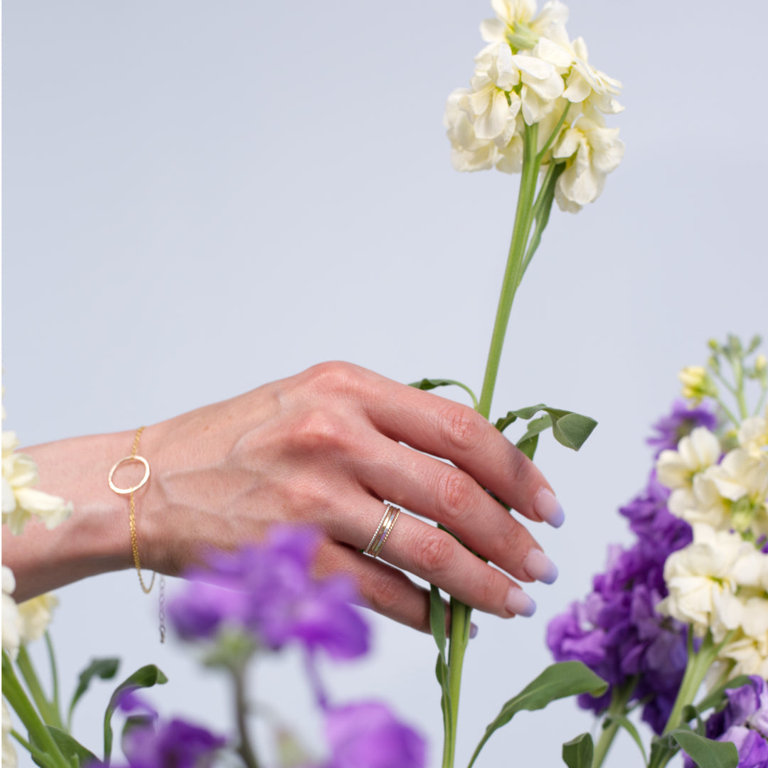 Dainty hammered circle bracelets in mixed metals or sterling silver or 14k gold filled