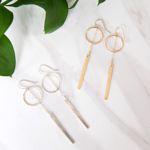 Circle dangle drop earrings in sterling silver or 14k gold filled