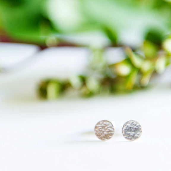 Dainty hammered circle stud earrings in sterling silver or 14k gold filled