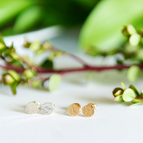 Dainty hammered circle stud earrings in sterling silver or 14k gold filled