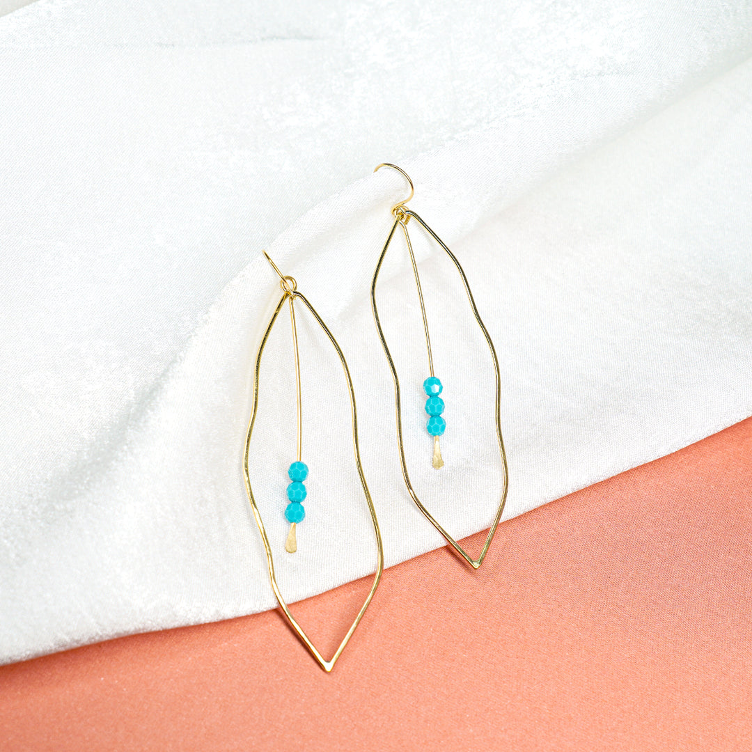 Leaf earrings with turquoise swarovski crystals in sterling silver or 14k gold filled by Blossom and Shine