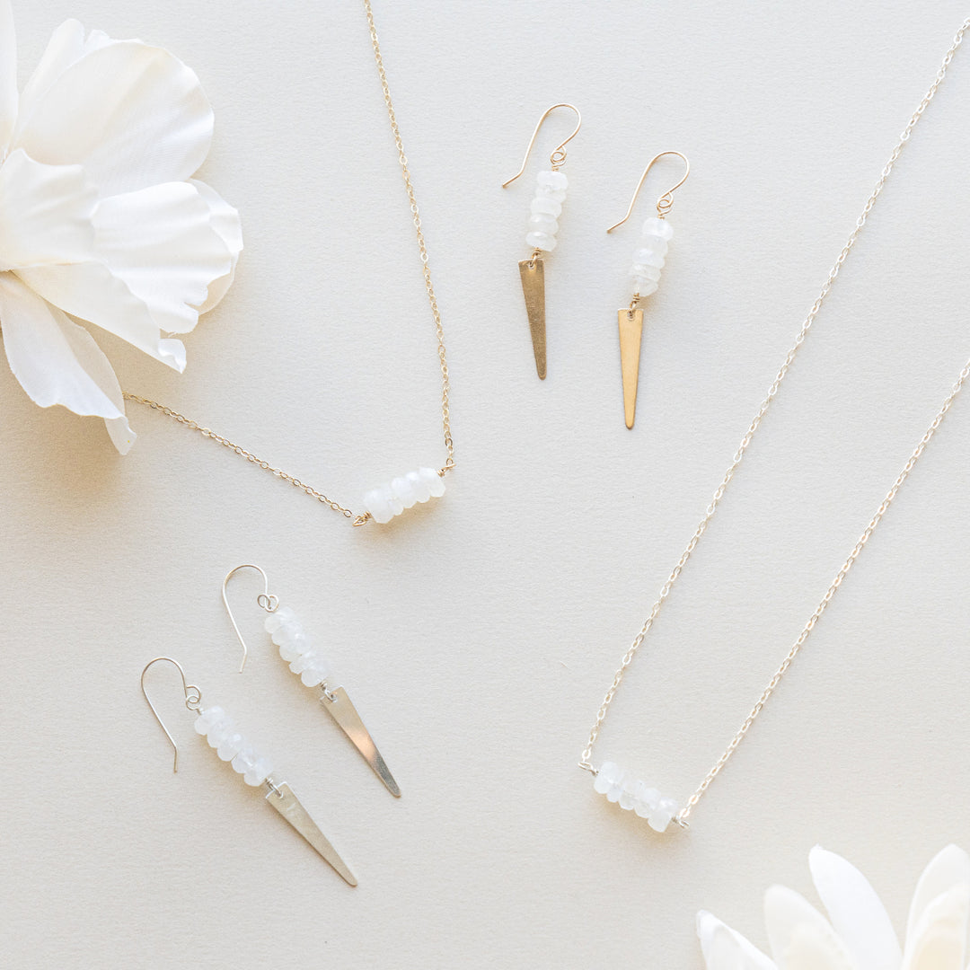 rainbow moonstone spike earrings in sterling silver or 14k gold filled
