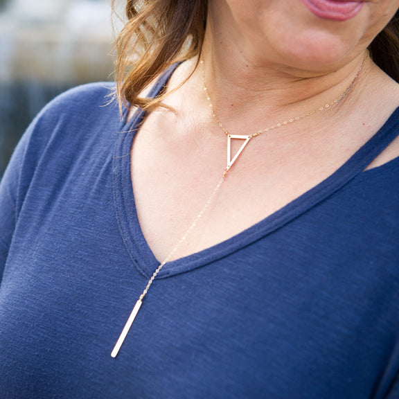 Geometric open triangle long y necklace in sterling silver or 14k gold filled by Blossom and Shine